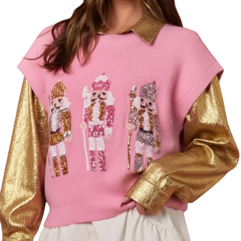 Peach Love California Sequin Nutcracker Sweater Vest Pink Sparkly Holiday Bling - Picture 2 of 16